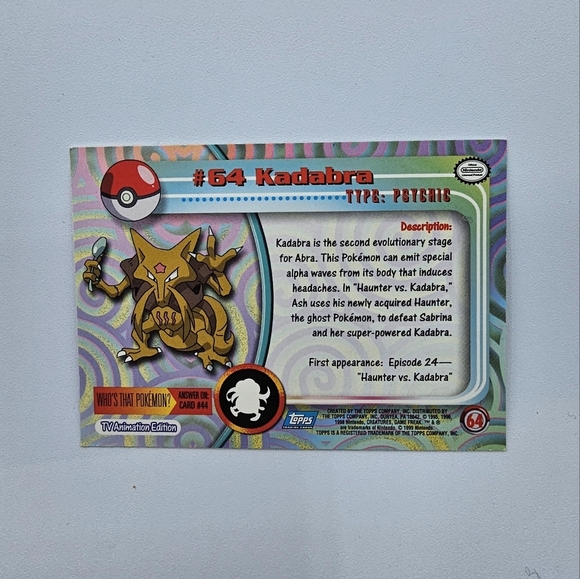Pokemon 1999 TOPPS Kadabra #64 Blue Logo TV Animation Edition Card - Picture 4 of 4